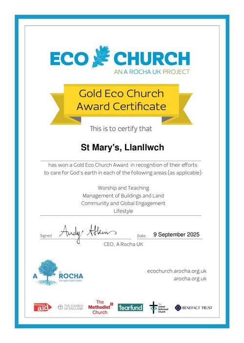 St Mary's Llanllwch Eco Church Gold Certificate